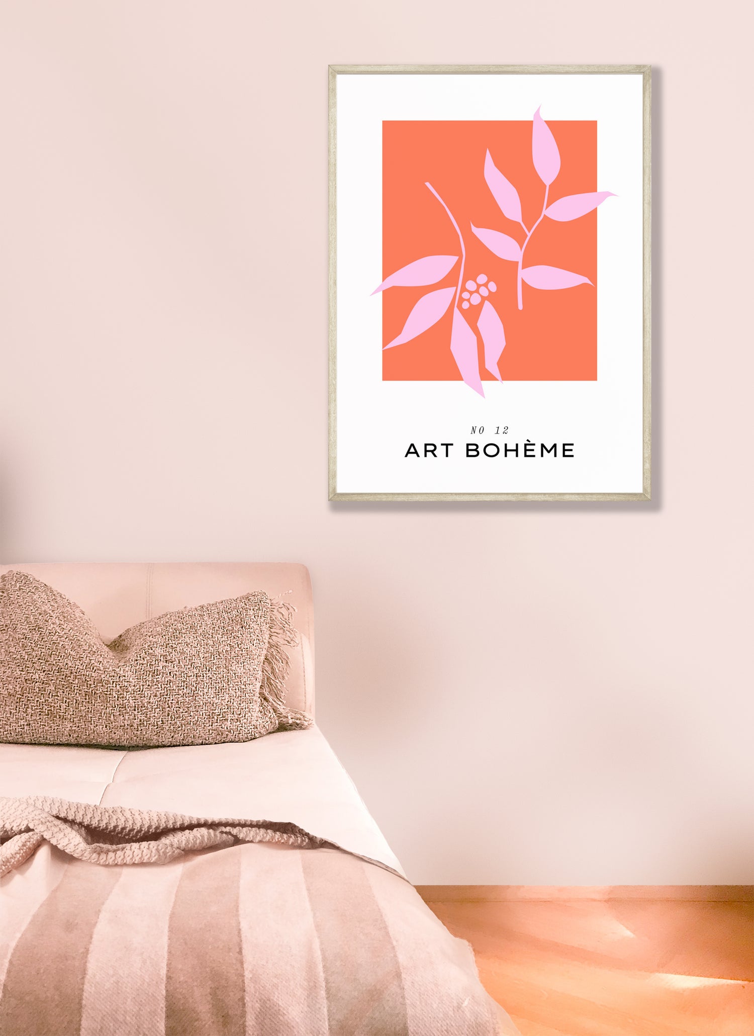 Een kleurrijke poster met een illustratie van roze blader takjes tegen een oranje achtergrond. - Abstract Art Bohemian Blad No12 Poster in Achtergrond