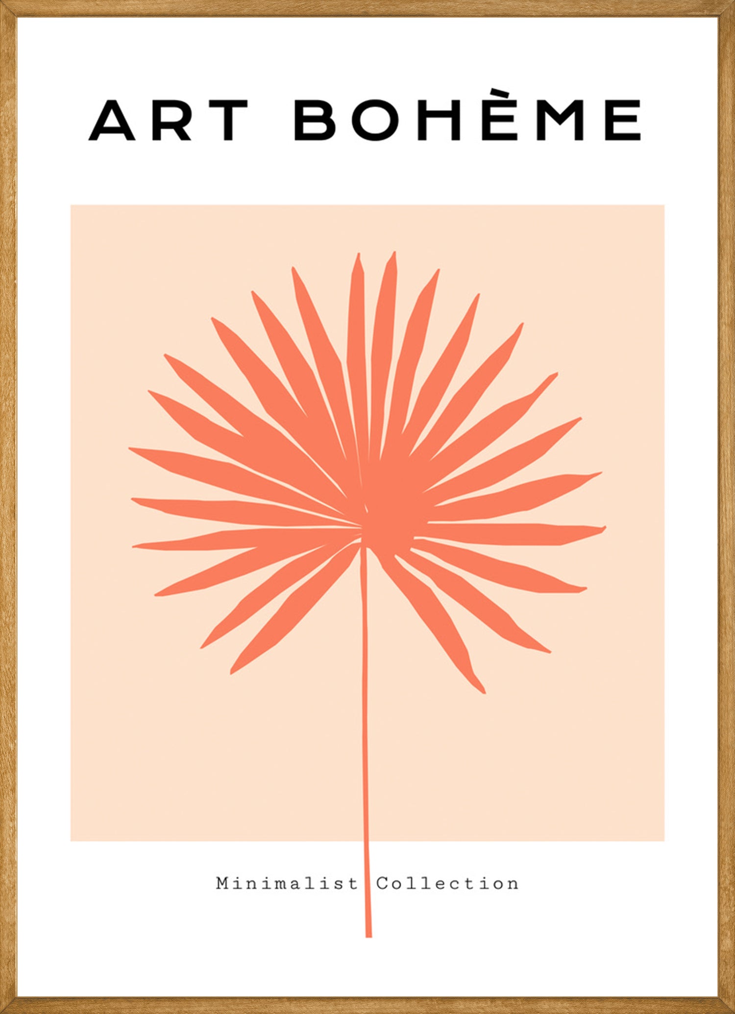 Vrolijke poster met oranje palmblad tegen een beige achtergrond. Deze grafische illustratie zorgt voor een warme sfeer in iedere woonruimte. Abstract Art Boheme Palm Leaf Poster in lijst.