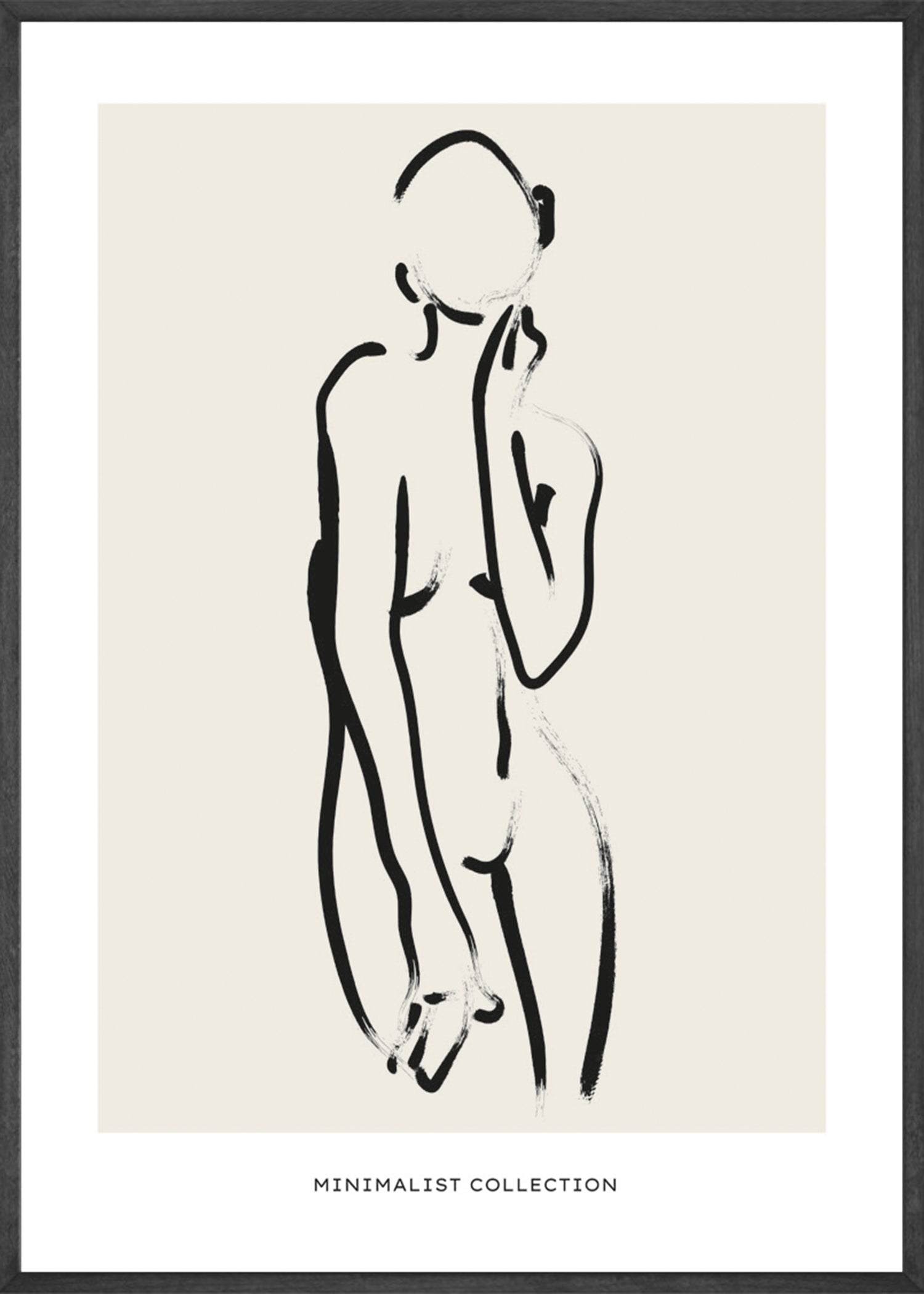 Tijdloos en minimalistische schets van een elegante vrouw tegen een beige achtergrond. Deze line art wanddecoratie is een sfeervolle toevoeging voor in je woonkamer of slaapkamer.  Minimalist Collection Female Body No2 Poster in lijst.